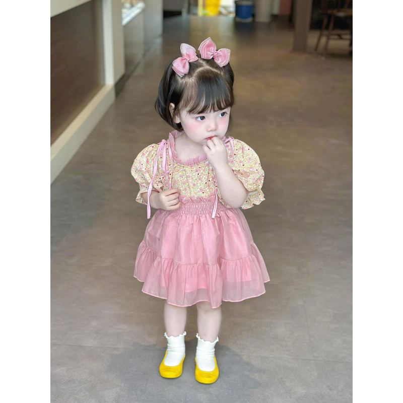 Set Váy 2 Dây Kèm Áo Hoa Nhí Tay Bồng Cho Bé Gái WOWKIDS Chất Liệu Mềm Mại Phong Cách Tiểu Thư Từ 8-22kg