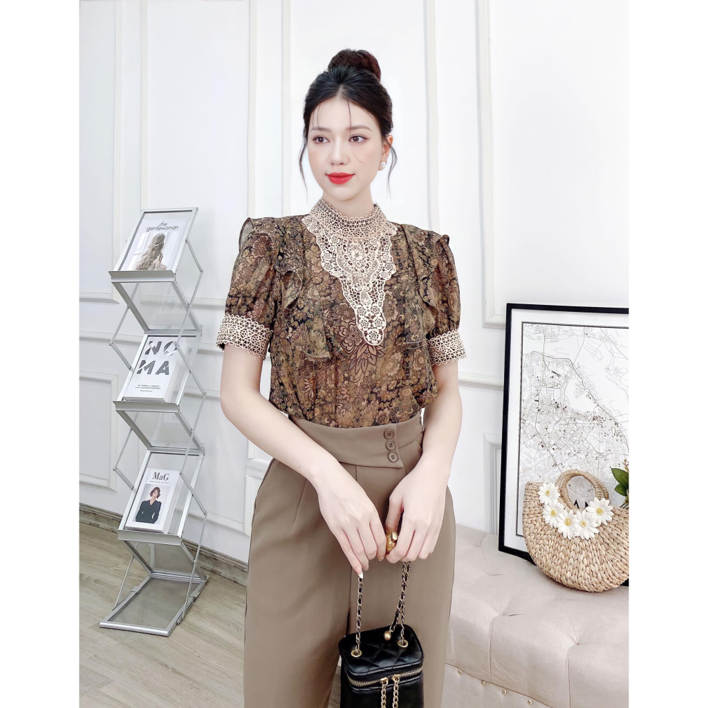 Áo sơ mi cộc tay Odelia, họa tiết thổ cẩm mix ren mềm - A6833
