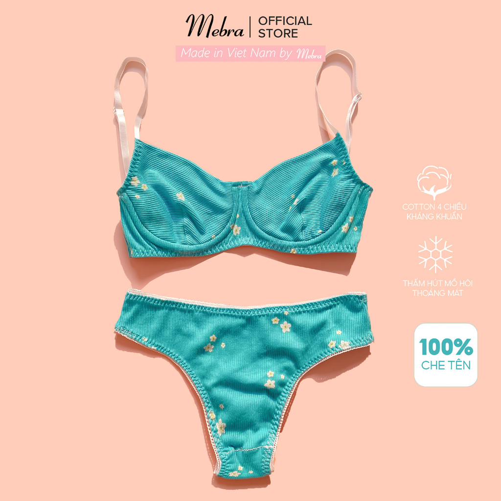 Set đồ lót LAYLA cotton gân xanh navy sang sáng da có gọng không mút hoa nhí mùa hè tươi mát Mebra A108