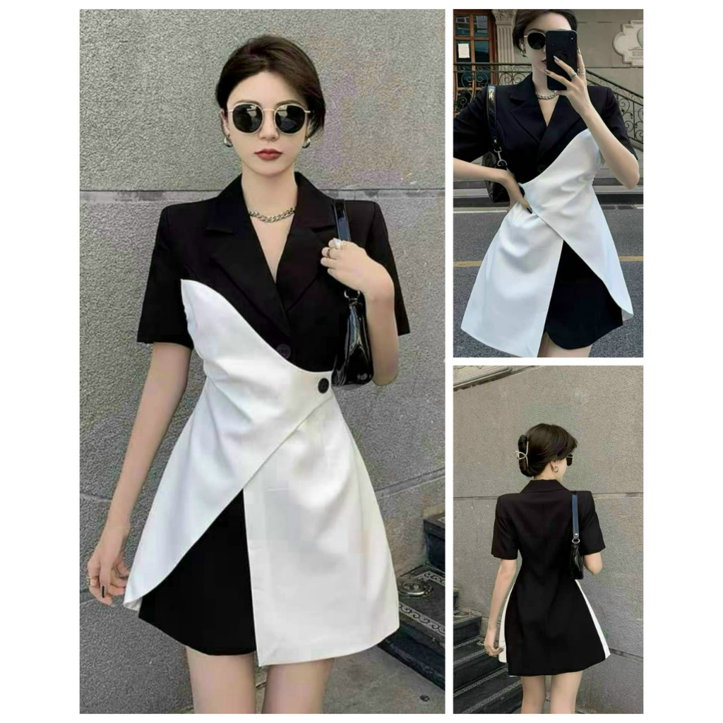 Váy đầm nữ tay ngắn cổ vest mix màu đen trắng kiểu dáng đầy cá tính thanh lịch sang chảnh basic dành cho các nàng