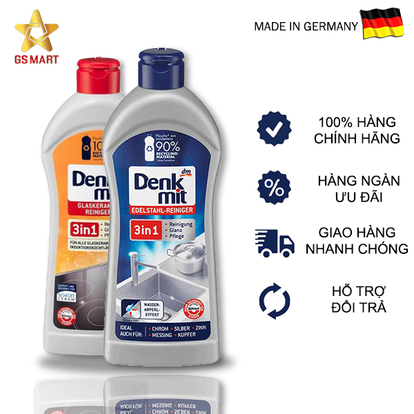 Dung dịch vệ sinh tẩy rửa inox, bồn rửa chén bát, tẩy dầu mỡ trên bếp DENKMIT 3 IN 1 Hàng nhập khẩu Đức, chai 300ml