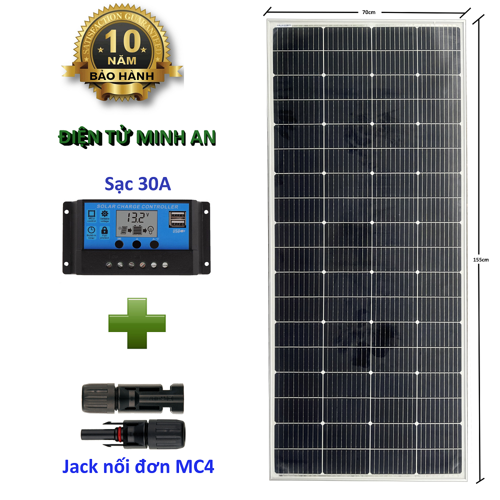 Tấm Pin năng lượng mặt trời đơn tinh thể Mono 200W (9bb) tặng điều khiển sạc 30A PWM + jack MC4