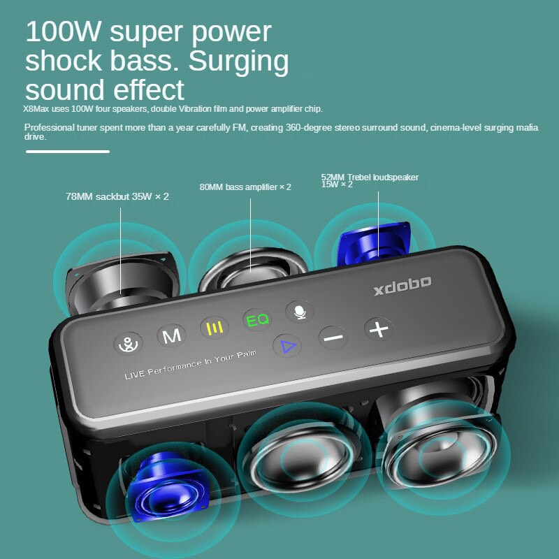 Loa Bluetooth 5.0 Xdobo X8 Max 100W Âm Thanh Nổi Siêu Trầm Chống Nước IPX5, Tích Hợp Viên Pin 20000mAh