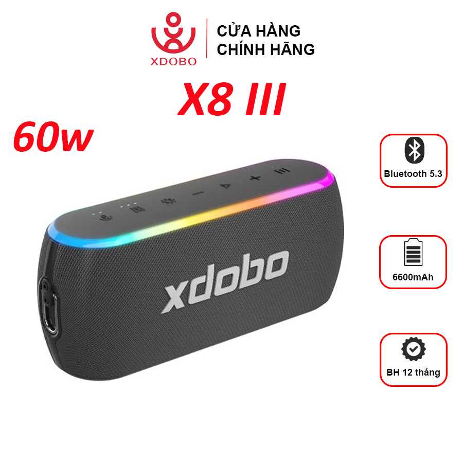 Loa Bluetooth 5.3 Xdobo X8 III Công Suất 60W Bass Siêu Trầm, Chống Nước iPX7, Tích Hợp Viên Pin 6600mAh 12h Nghẹ Nhạc
