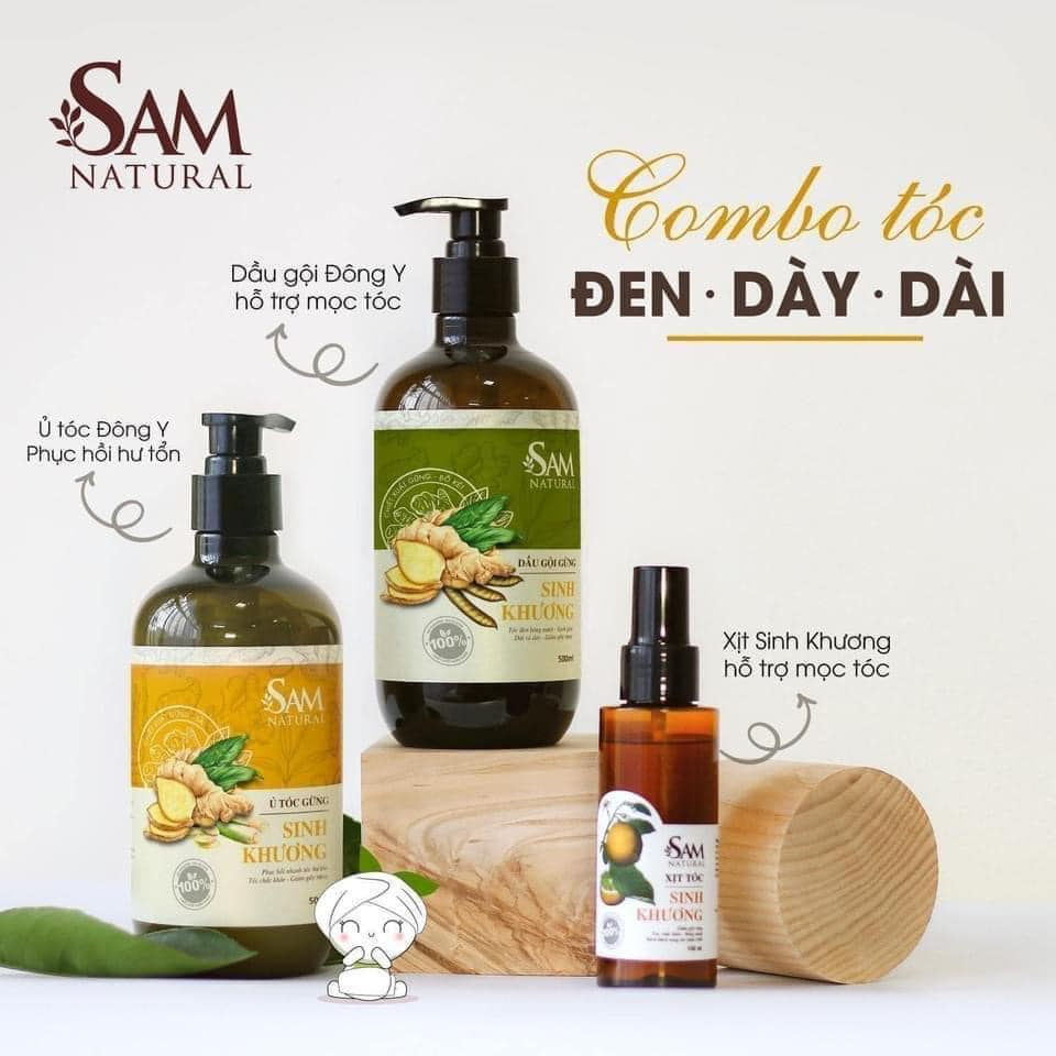 Bộ 3 sản phẩm kích thích mọc tóc và chống gãy rụng Sam Natural - Gội - Ủ - Xịt Sinh Khương