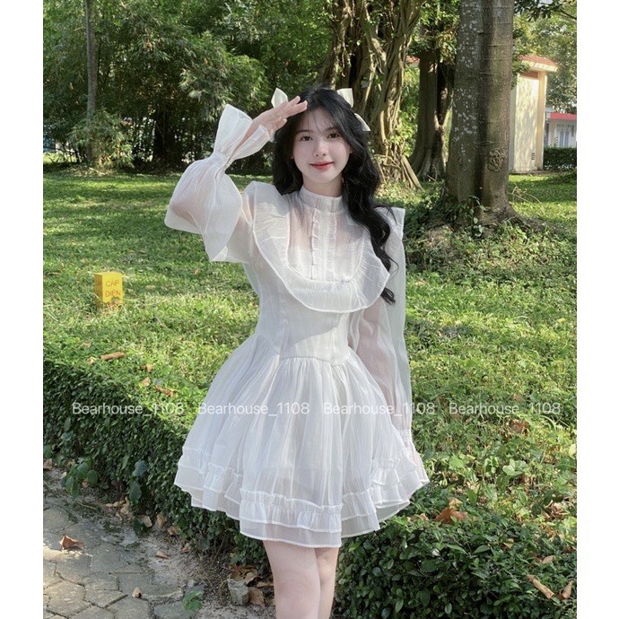 Váy thiết kế màu trắng tiểu thư sang trọng viền bèo phong cách Hàn Quốc