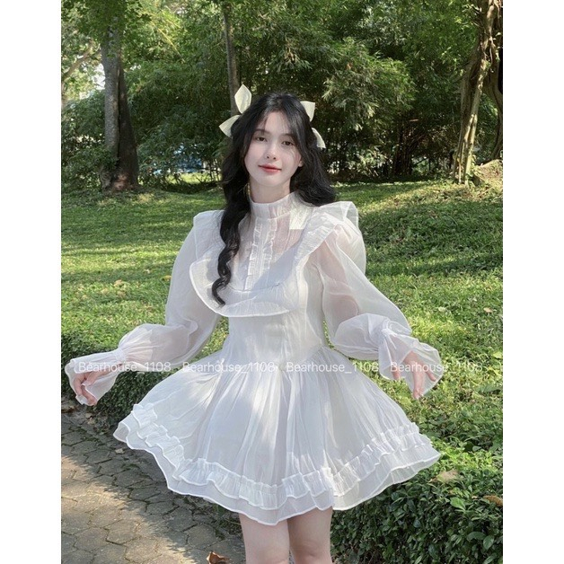 Váy thiết kế màu trắng tiểu thư sang trọng viền bèo phong cách Hàn Quốc