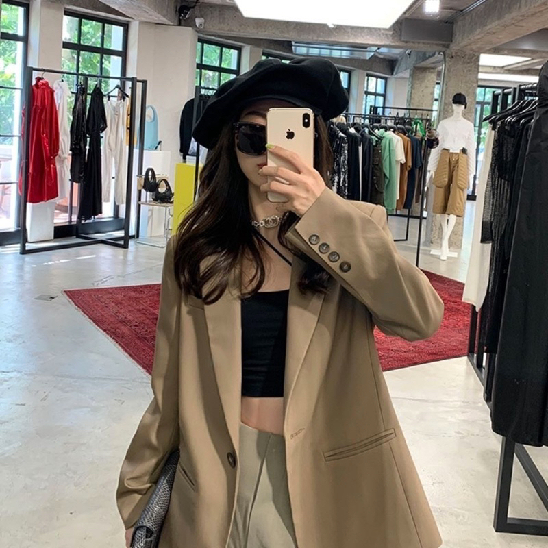 Áo blazer nữ hàng Quảng Châu 1 cúc hai màu nâu đen chất đẹp | BigBuy360 - bigbuy360.vn