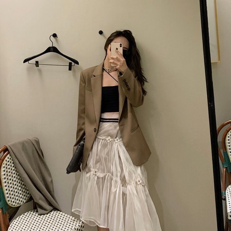 Áo blazer nữ hàng Quảng Châu 1 cúc hai màu nâu đen chất đẹp | BigBuy360 - bigbuy360.vn