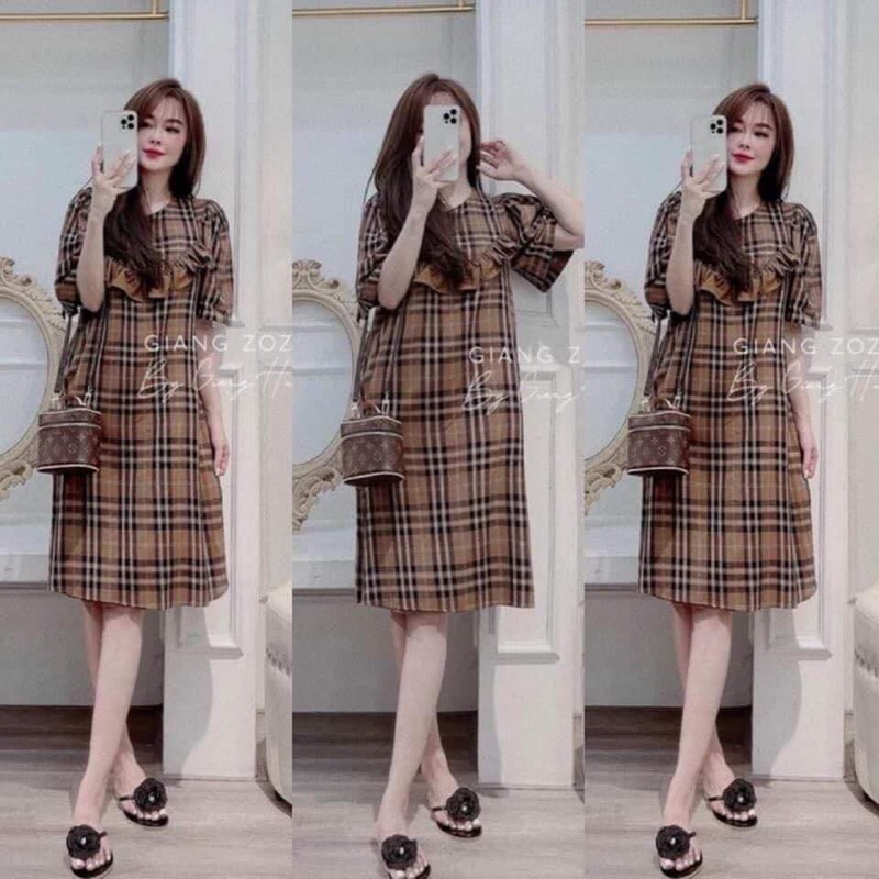 Đầm Bầu Công Sở - Váy Bầu Suông Chất Thô Mềm Kẻ Ca Rô