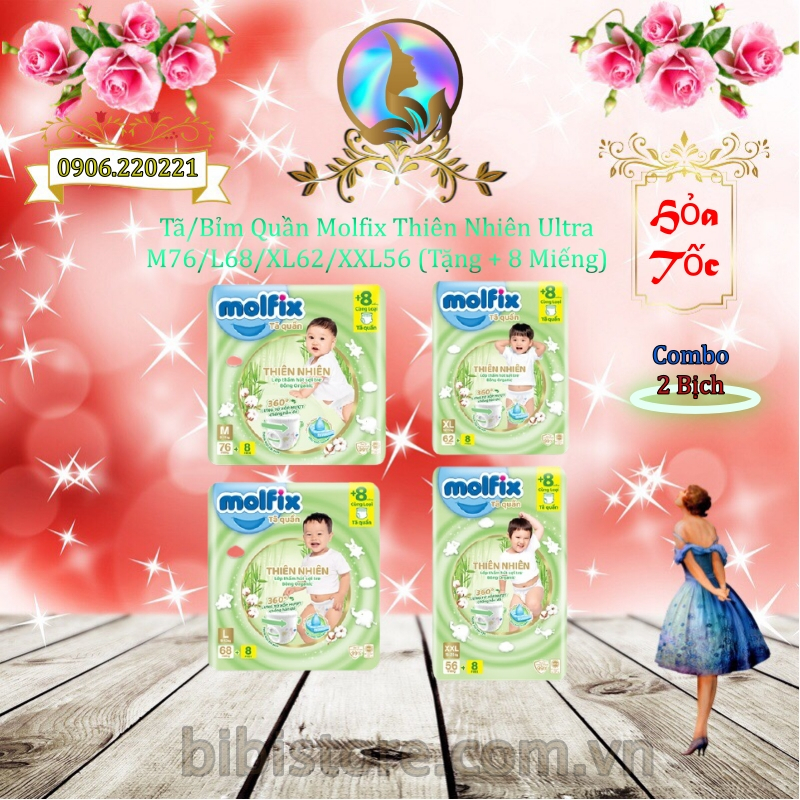 [Combo 2 Gói] Molfix  Bỉm Tã Quần Ultra/ Tã Dán S.Jumbo Thiên Nhiên, Size M76/L68/XL62/XXL56 (Bibistore)