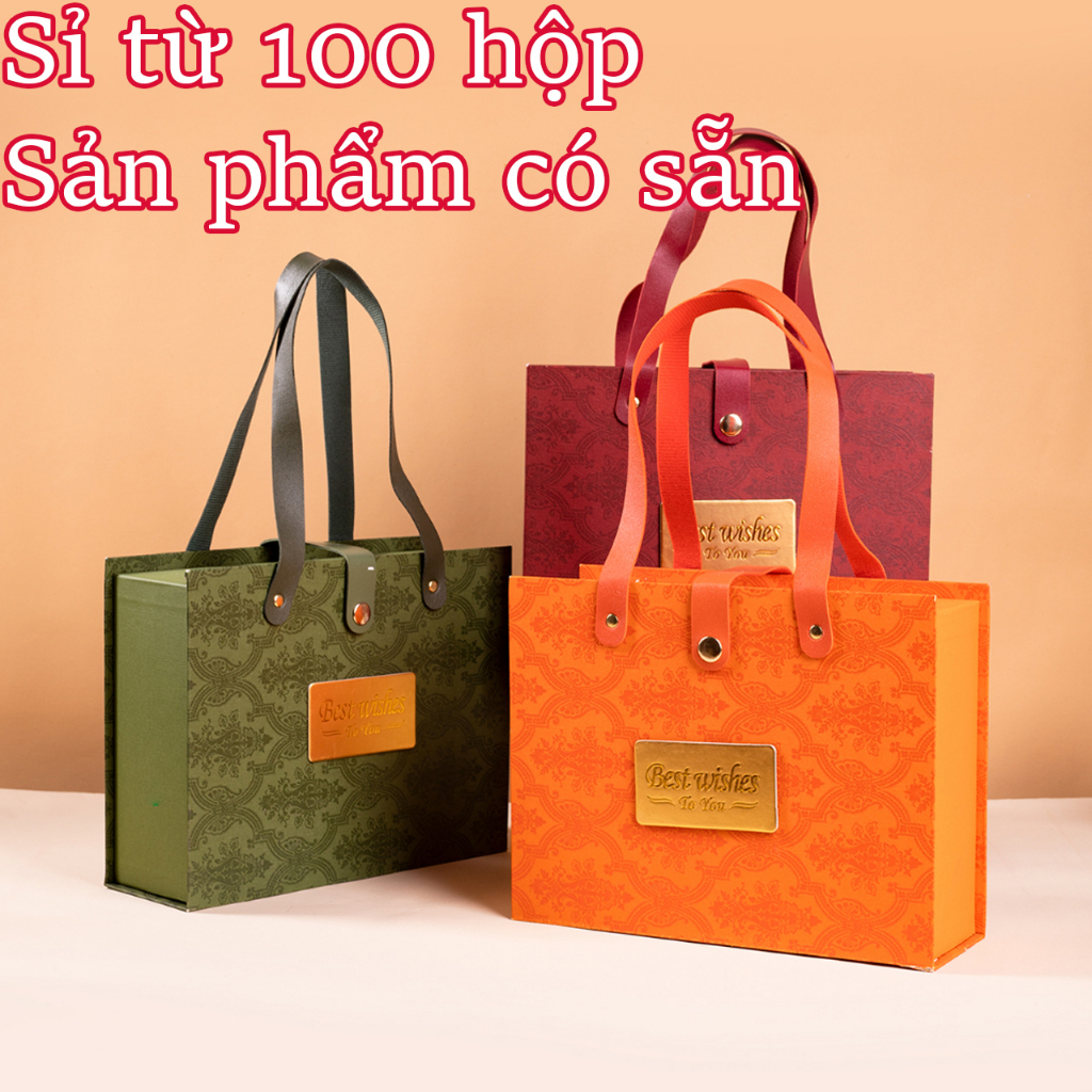 Hộp quà tặng cao cấp cỡ lớn quai da- Hộp bọc nhung vân hoàng gia