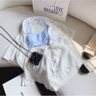 Set 3 món sơ mi trắng trơn + bra caro + short