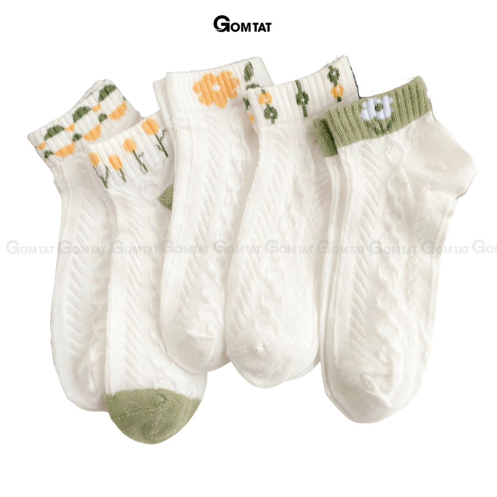 Set 5 đôi tất nữ cổ thấp GOMTAT hoạ tiết hoa cỏ siêu dễ thương, chất liệu cotton dày dặn thoáng mát  -CB093