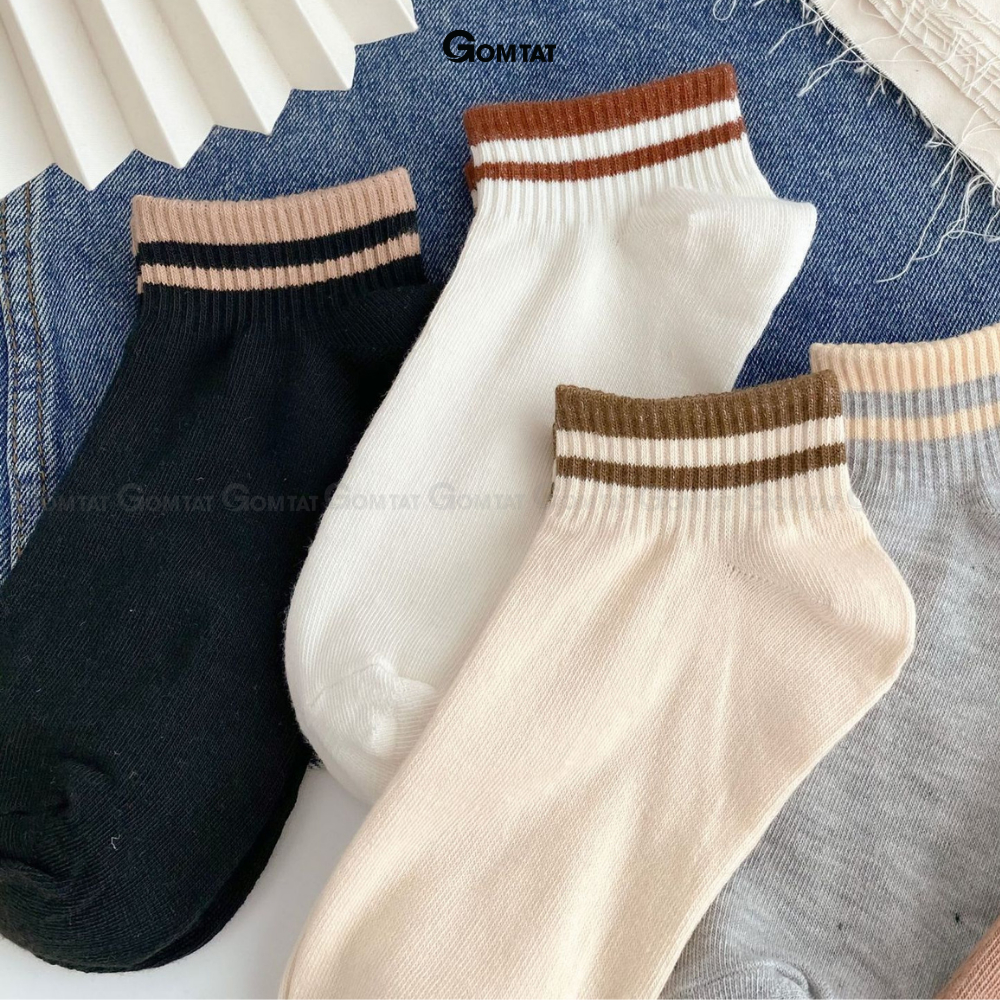 Set 5 đôi tất vớ cổ ngắn nữ GOMTAT cổ sọc ngang nhiều màu, chất liệu cotton mềm mại thoáng mát  -CB095