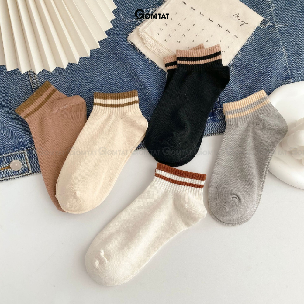 Set 5 đôi tất vớ cổ ngắn nữ GOMTAT cổ sọc ngang nhiều màu, chất liệu cotton mềm mại thoáng mát  -CB095