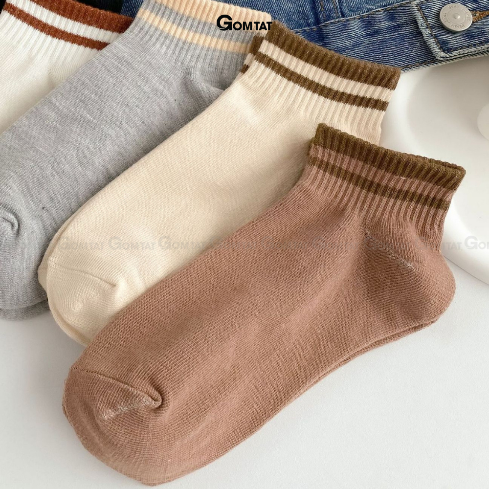 Set 5 đôi tất vớ cổ ngắn nữ GOMTAT cổ sọc ngang nhiều màu, chất liệu cotton mềm mại thoáng mát  -CB095