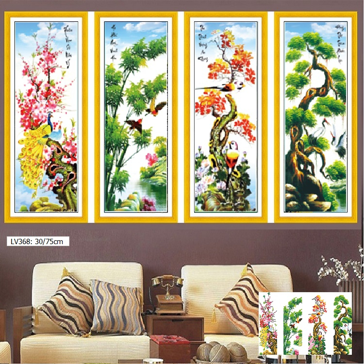 Tranh đính đá tứ quý, Tranh thêu chữ thập tứ quý - Tùng cúc trúc mai
