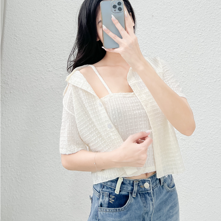 Áo sơ mi croptop mix kèm áo 2 dây chất liệu xốp mềm thoáng mát nineteen