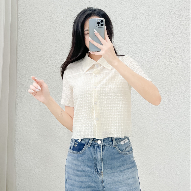 Áo sơ mi croptop mix kèm áo 2 dây chất liệu xốp mềm thoáng mát nineteen