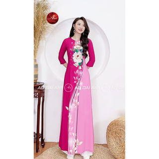 Áo dài truyền thống hồng mộng mơ họa tiết hoa lập thể lụa cao cấp - Áo dài Airi