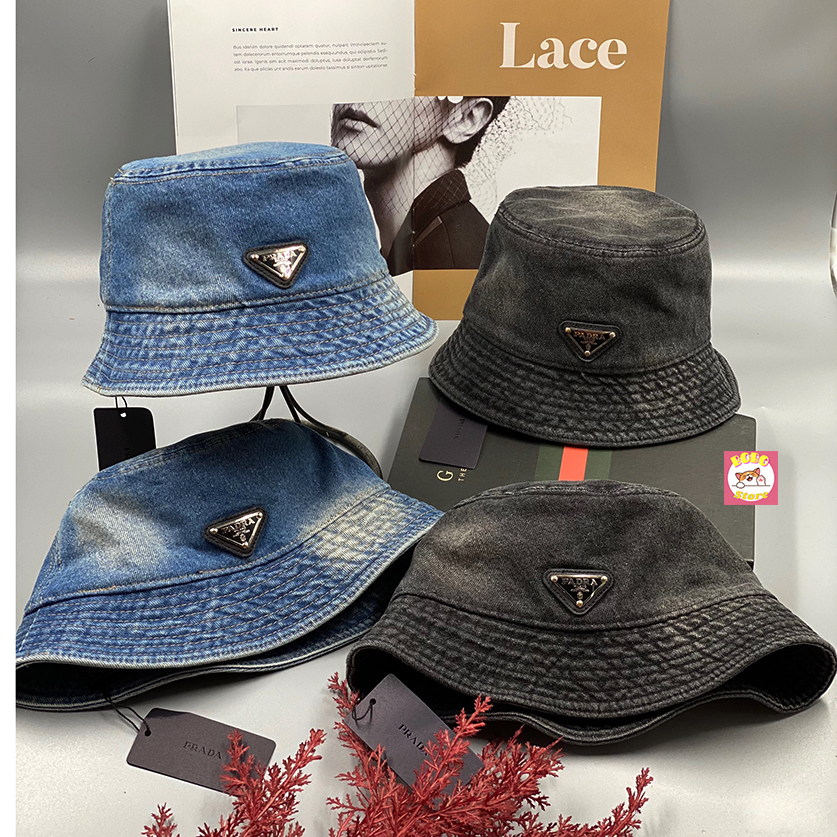 Mũ bucket Prada bò logo nổi bật hàng Quảng châu full  tag