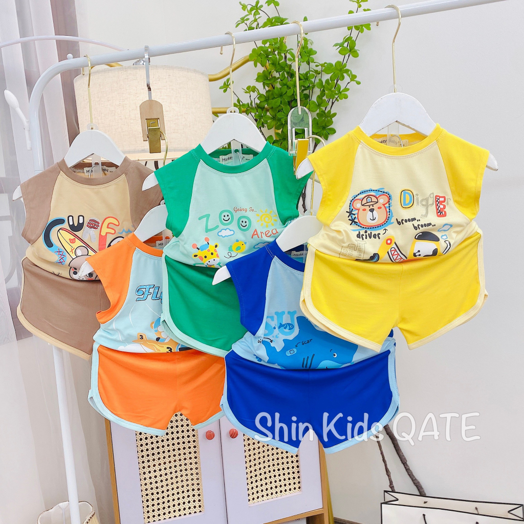 Full Size  Bộ Áo Ba Lỗ Cánh Dơi Chất Thun Lạnh In Động Vật Phối Màu Dễ Thương Dành Cho Bé