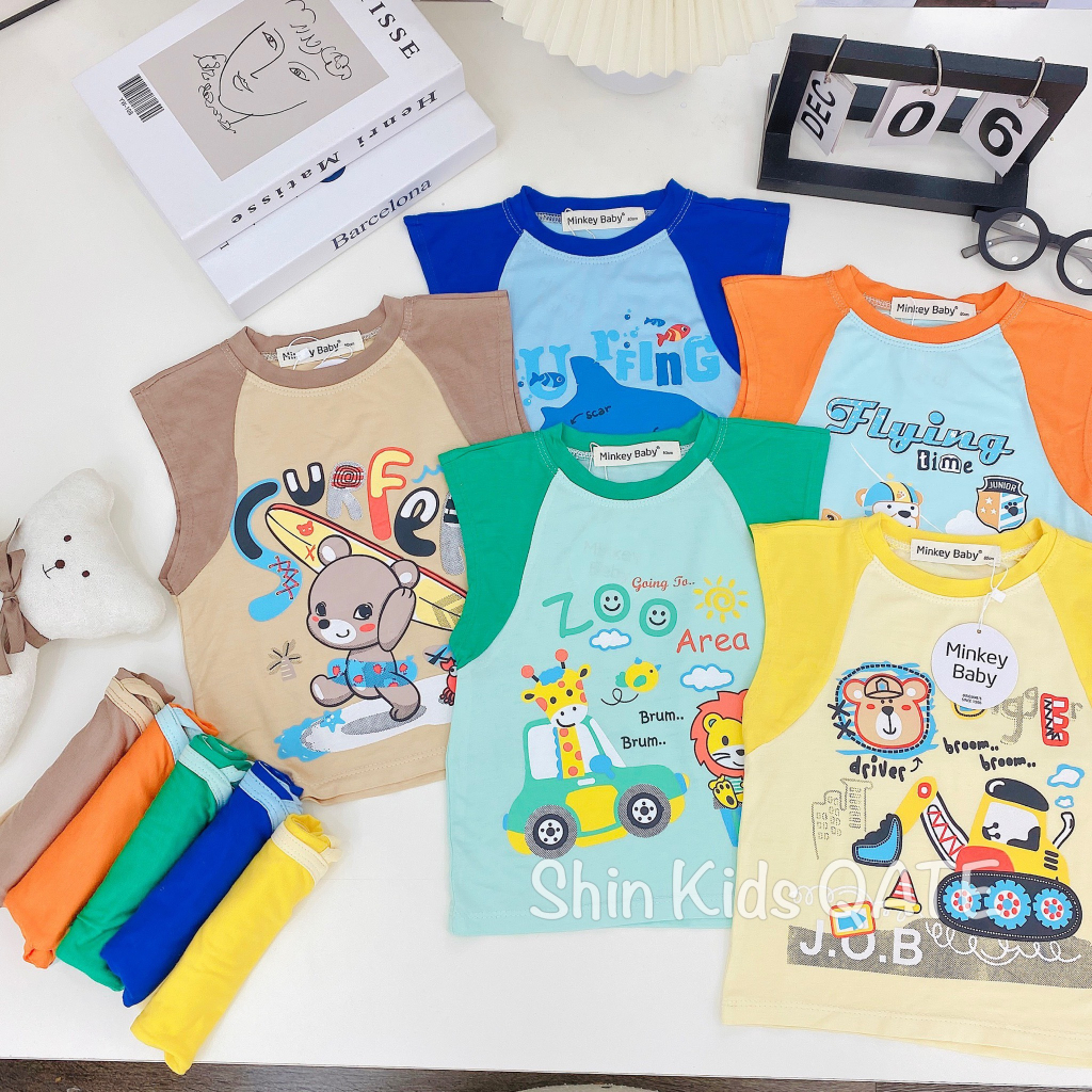 Full Size  Bộ Áo Ba Lỗ Cánh Dơi Chất Thun Lạnh In Động Vật Phối Màu Dễ Thương Dành Cho Bé