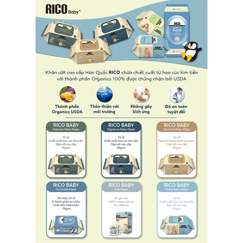 Combo 5 gói khăn giấy ướt rico baby nội địa Hàn cao cấp lành tính an toàn cho bé