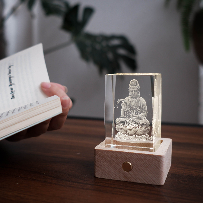 Đèn Pha Lê Không Dây Để Bàn Quan Âm Bồ Tát Phát Sáng, Đèn Bàn Quan Âm Để Bàn Làm Việc, Xe Ô Tô, Quà Tặng Phật Giáo