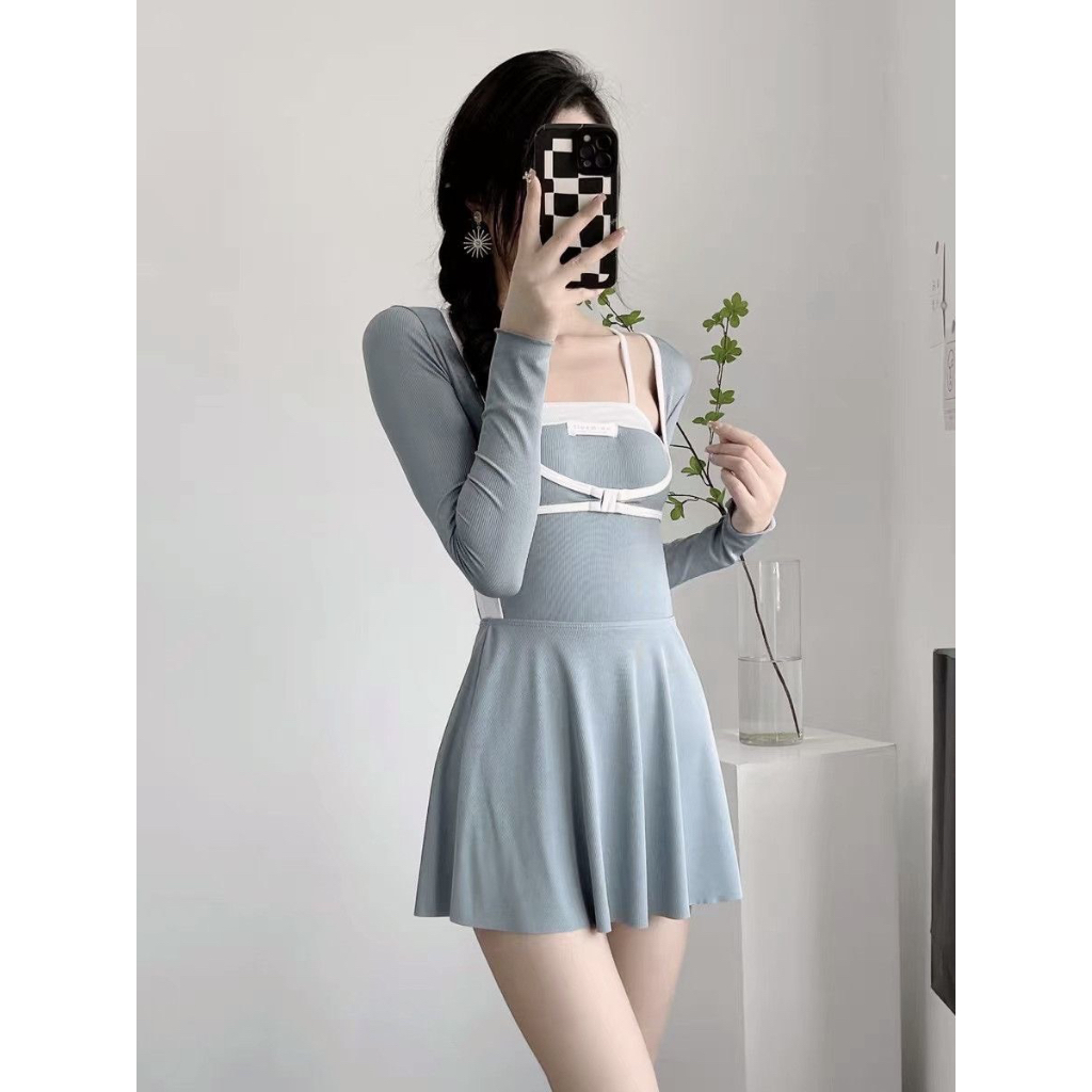 Bikini liền thân dáng xòe 3 mảnh kín đáo, đồ bơi kiểu bodysuit dài tay mặc được 3 kiểu