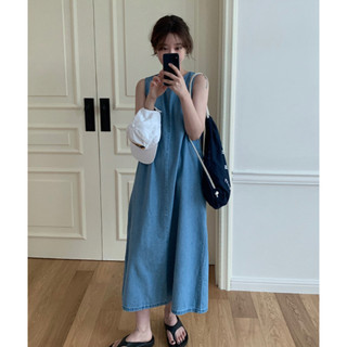 Đầm maxi jean sát nách thắt dây lưng - D834