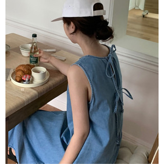 Đầm maxi jean sát nách thắt dây lưng - D834