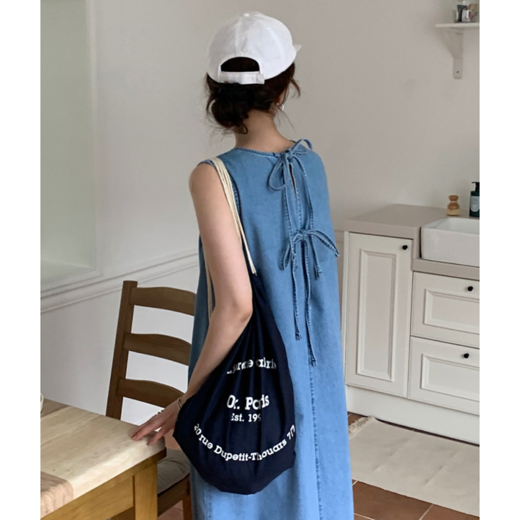 Đầm maxi jean sát nách thắt dây lưng - D834