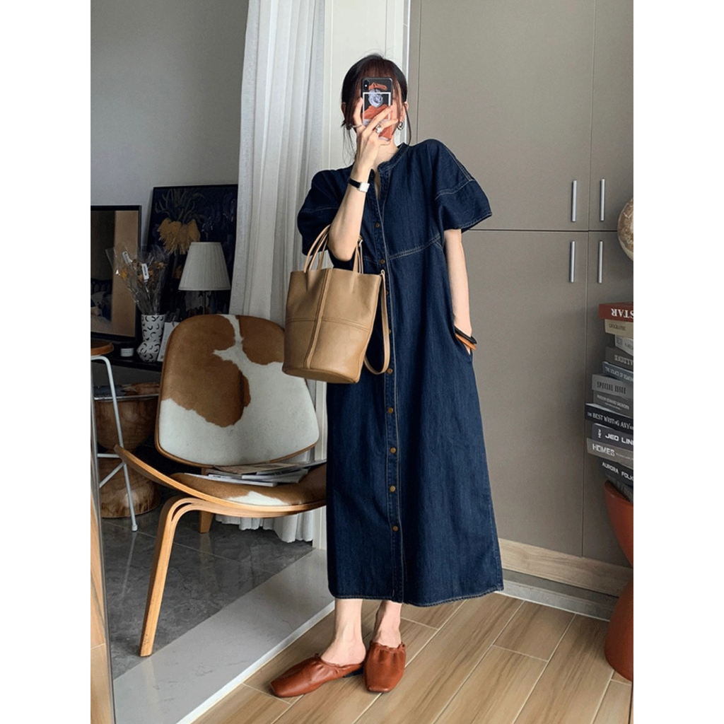 Đầm sơ mi jean dài cổ trụ chạy chỉ vintage - D833