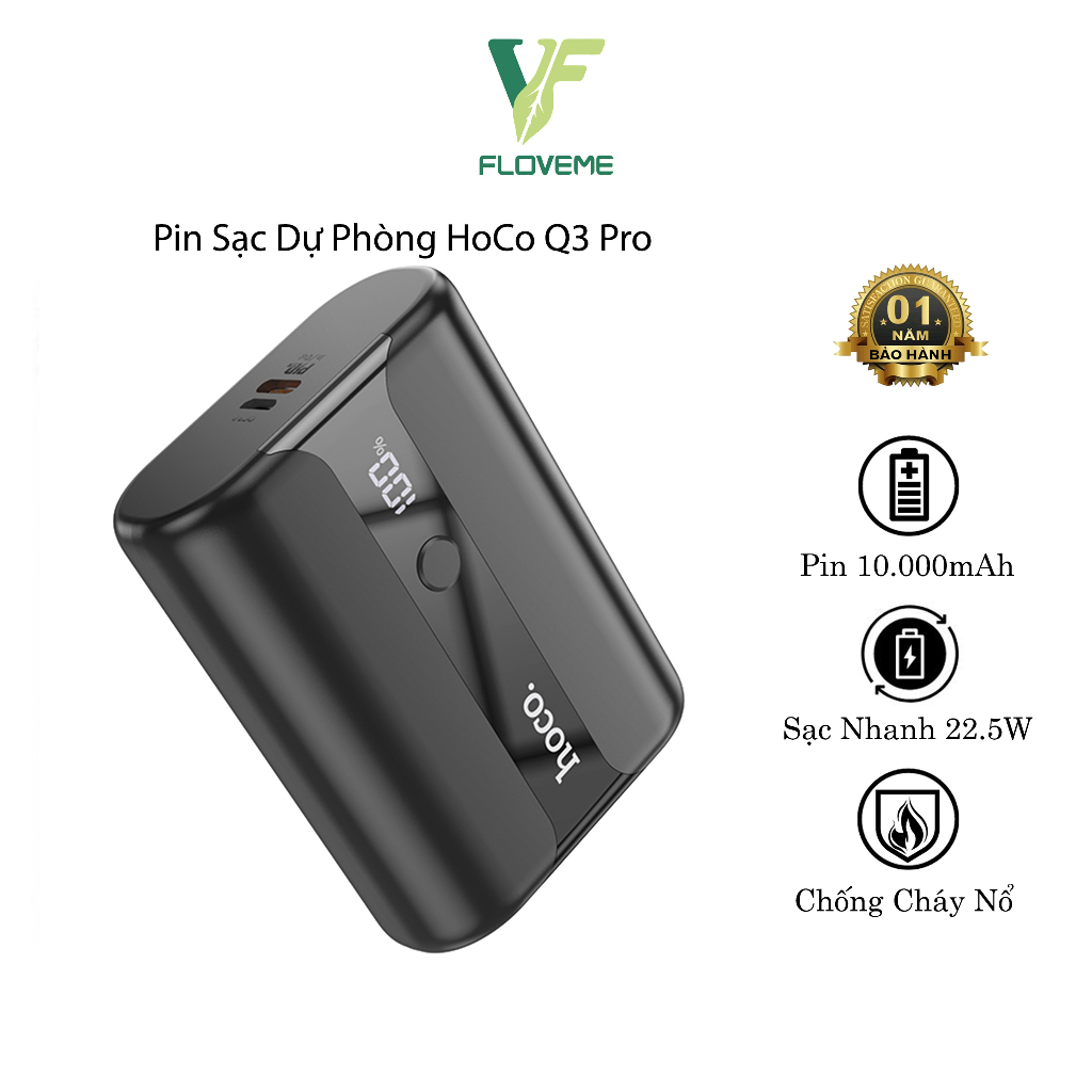 Pin Sạc Dự Phòng Hoco Q3 Pro, Dung Lượng 10000 mAh, Sạc Nhanh 22.5W, Siêu Nhỏ Gọn, Vỏ Chống Cháy, Màn Led Hiển Thị.