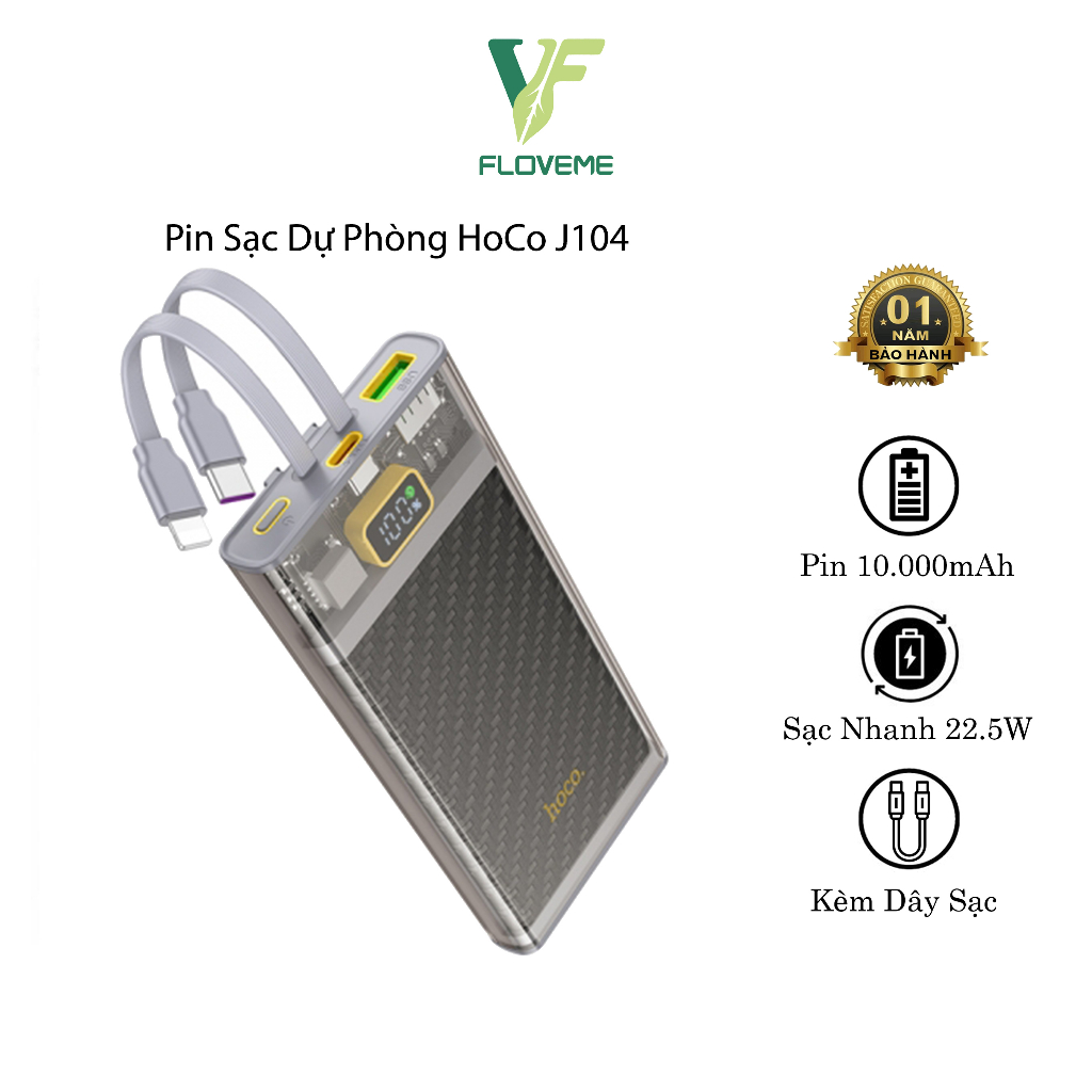 Pin Sạc Dự Phòng Hoco J104, Dung Lượng 10000mAh, Hỗ Trợ Sạc Nhanh 22.5W / PD QC3.0, Tích Hợp Dây Sạc