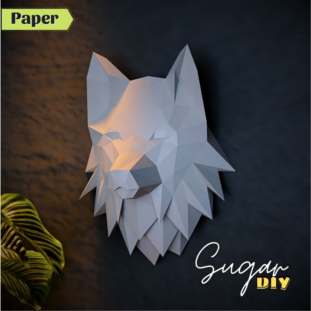 Đầu sói treo tường 50cm - Mô hình giấy DIY màu trắng