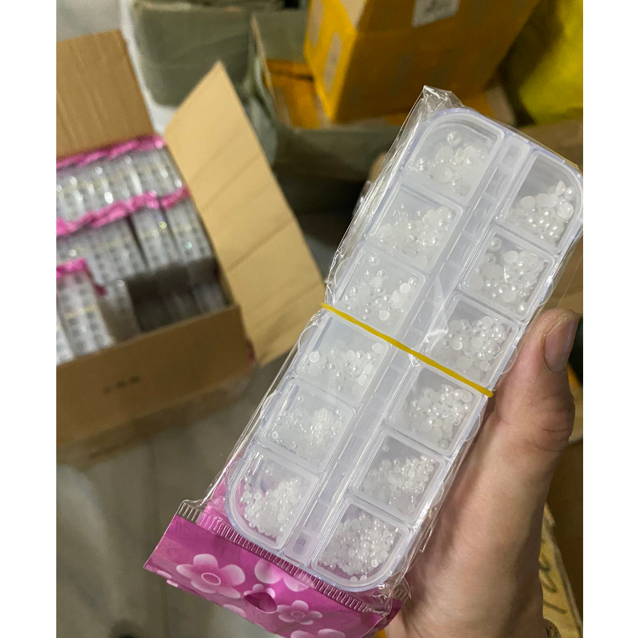 Set Ngọc Trai Nửa Nail Mix Size Chia Ô Nhân Tạo Cao Cấp Trang Trí Móng
