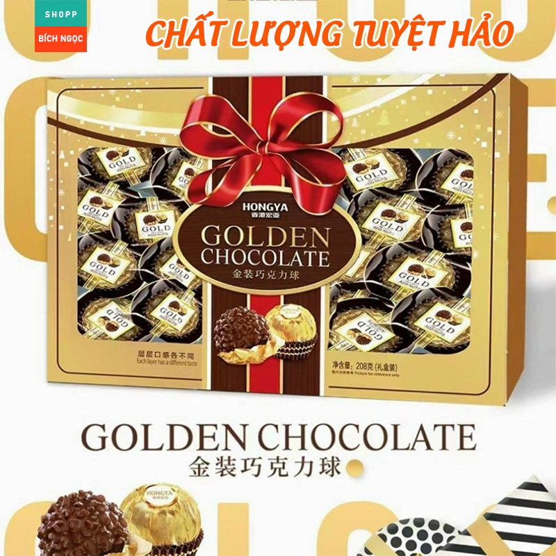 Hộp Sô cô la Hongya Golden Chocolate Cao Cấp, Dòng Socola Hạt Phỉ Ferrero Rocher 208g – Bánh Kẹo Tết, Noel
