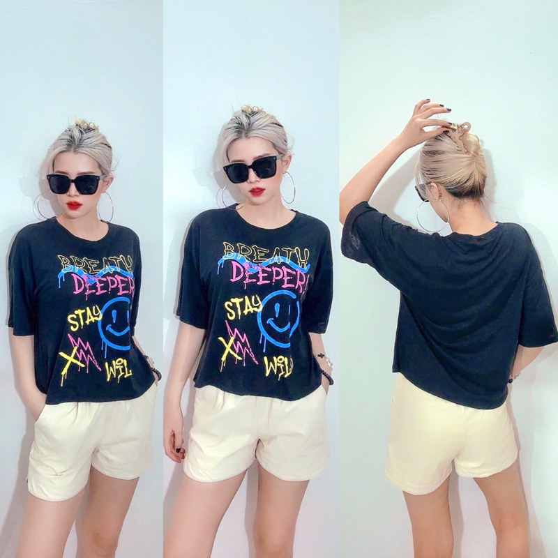 Áo croptop form rộng cánh dơi thun cotton đốm đen in chữ mặt cười