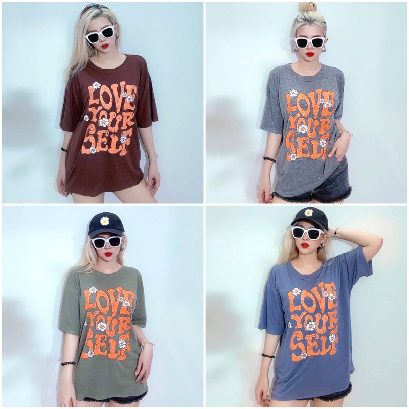 Áo cánh dơi form dài rộng thun cotton đốm in chữ Love Your Self, 4 màu