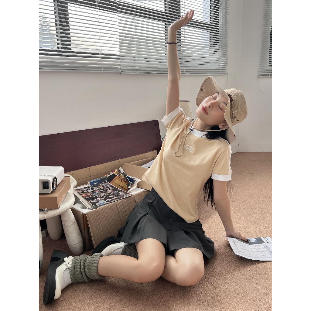 Áo thun baby tee  phối sọc vải cotton 2 chiều cao cấp thêu logo Anis