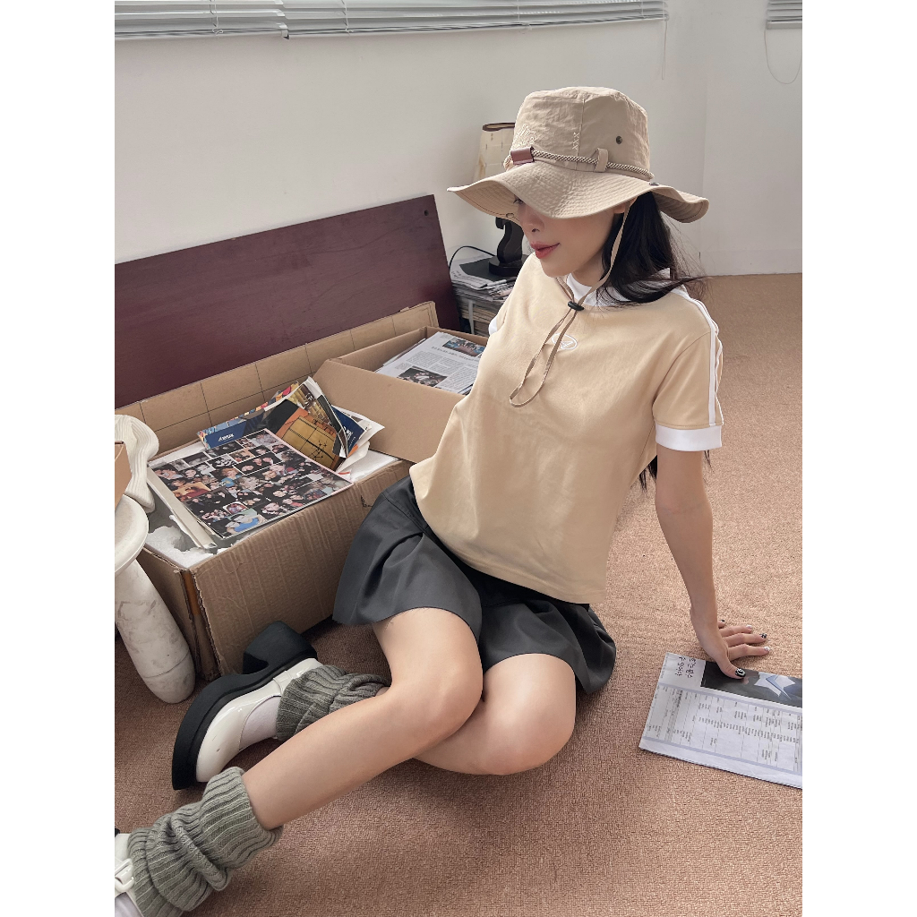 Áo thun baby tee  phối sọc vải cotton 2 chiều cao cấp thêu logo Anis