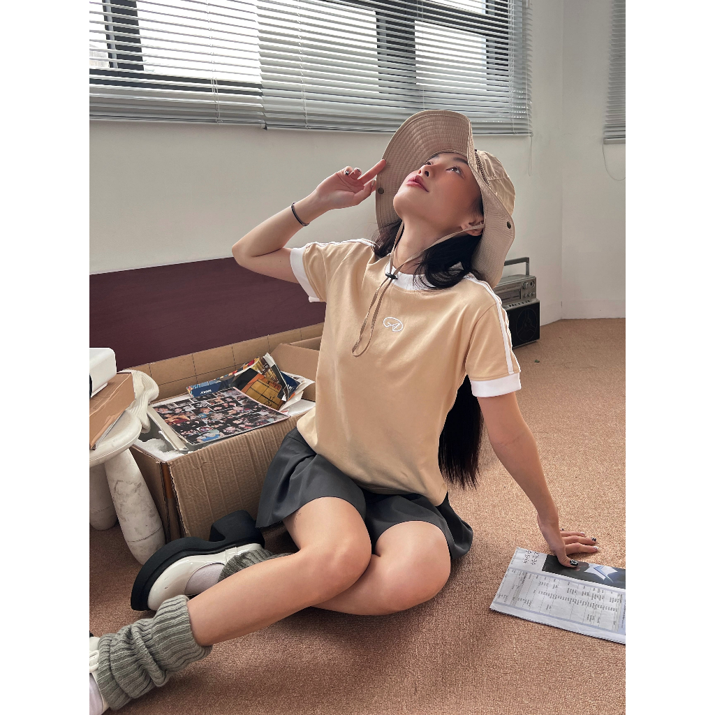 Áo thun baby tee  phối sọc vải cotton 2 chiều cao cấp thêu logo Anis