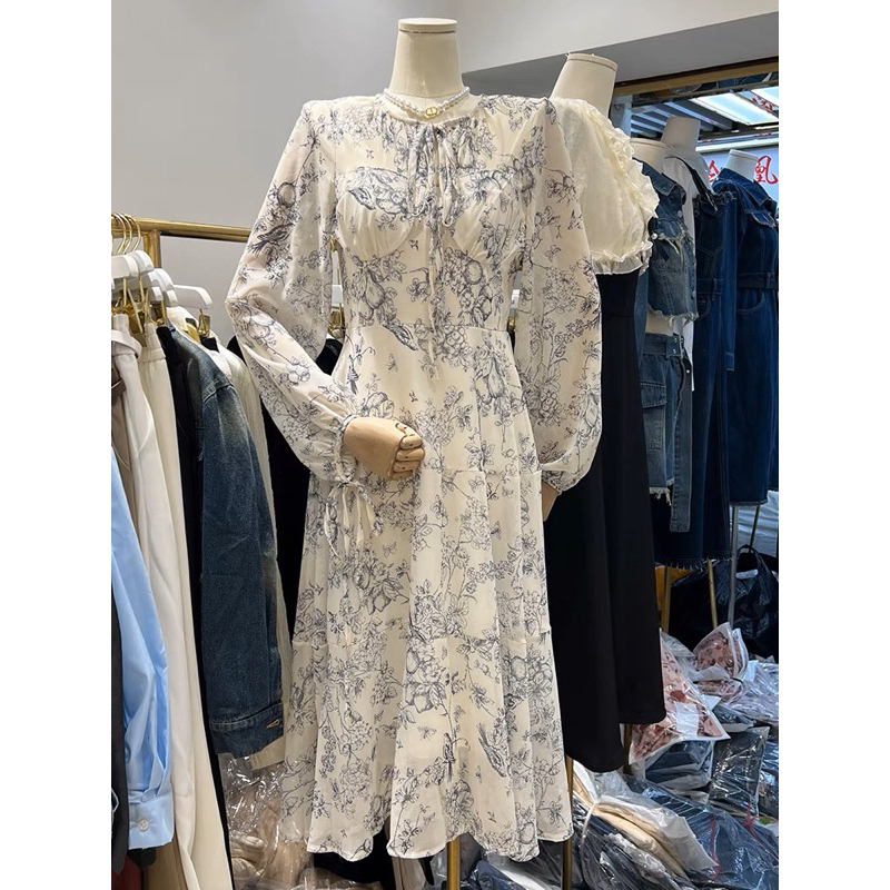 Váy đầm maxi tay dài hoa nhí chiết eo tiểu thư dành cho nữ