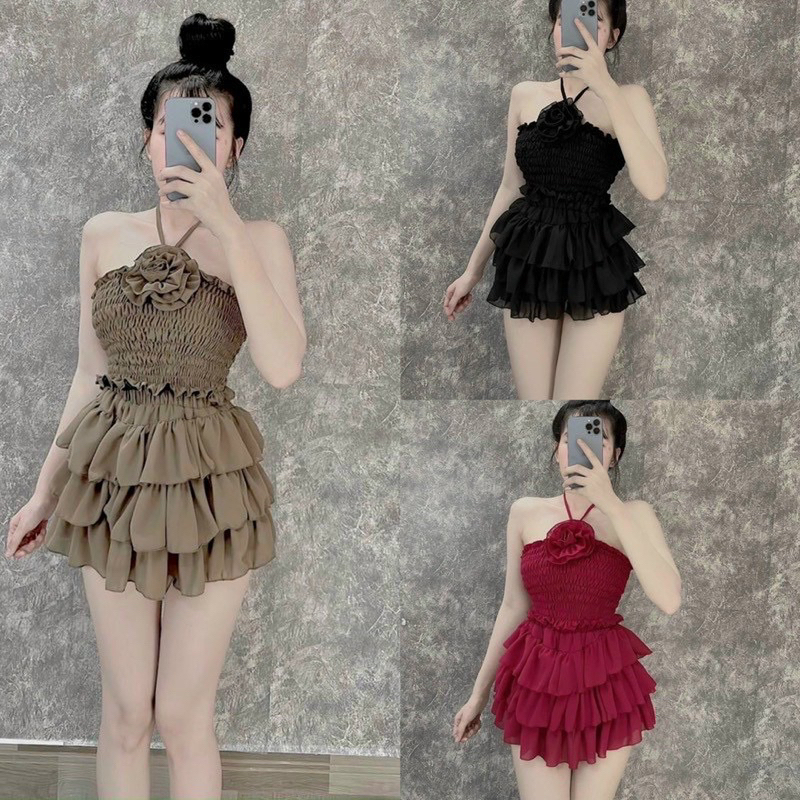 Sét áo yếm nhún voan tầng có quần bảo hộ