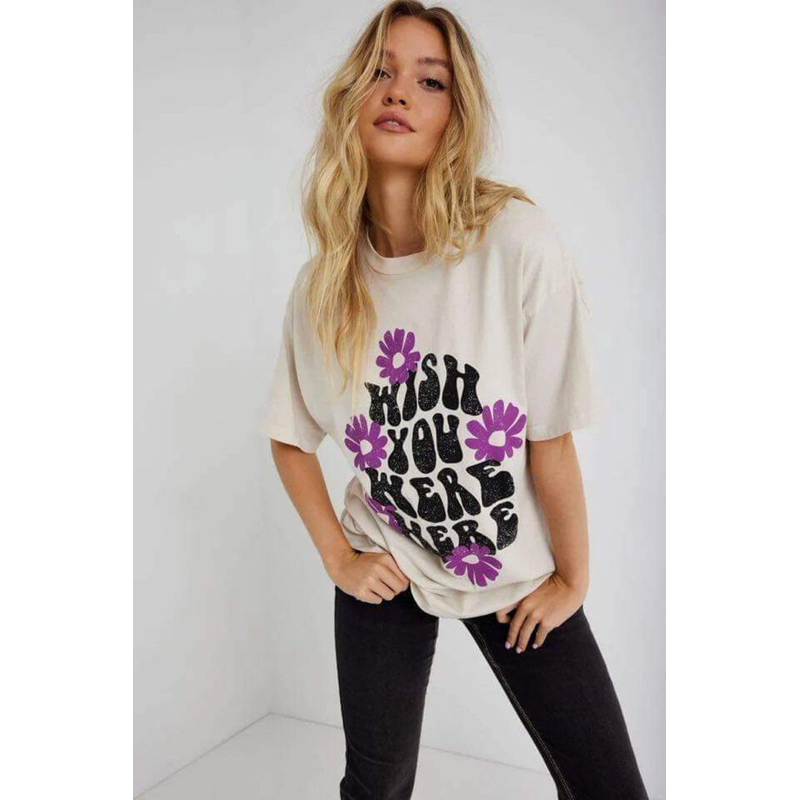 Áo cánh dơi form dài rộng thun cotton in chữ đen bông tím, 2 màu