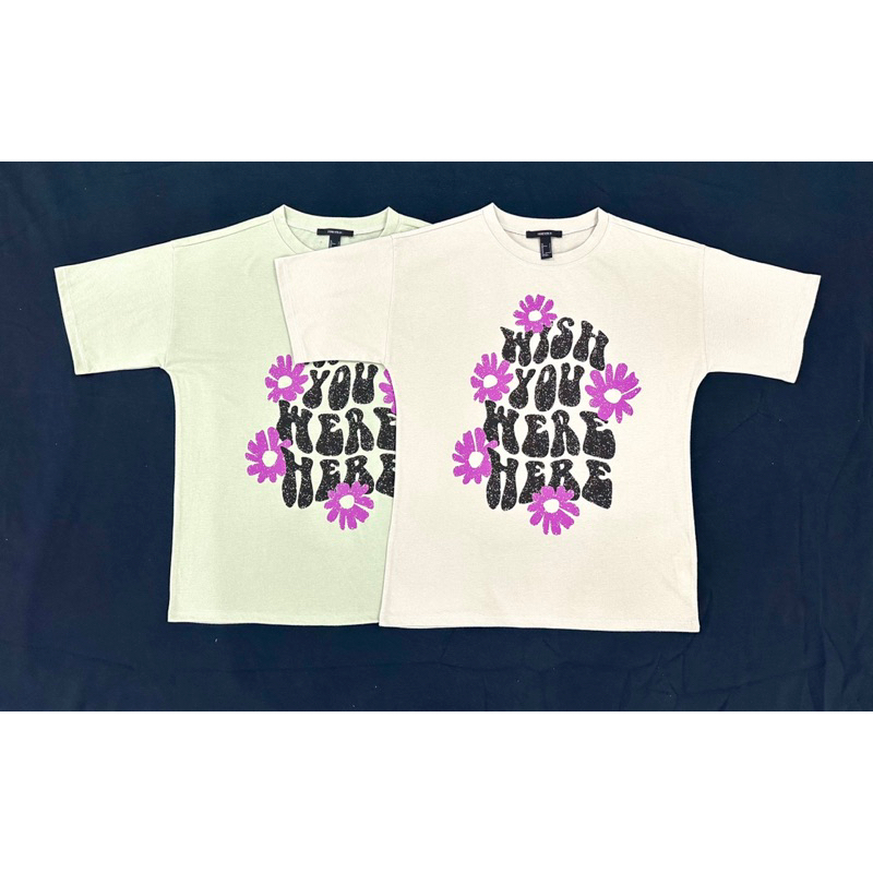 Áo cánh dơi form dài rộng thun cotton in chữ đen bông tím, 2 màu