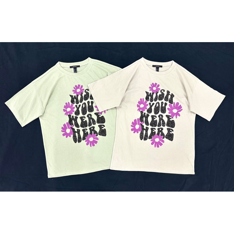 Áo cánh dơi form dài rộng thun cotton in chữ đen bông tím, 2 màu